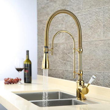 High Arc Dual-Mode Pull-Down Kitchen Faucet Solid Brass with Porcelain Handle